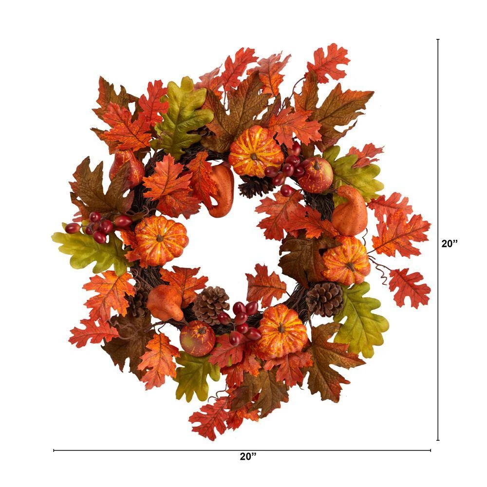 20 In. Orange Autumn Assorted Maple Leaf, Pumpkin Gourd, Pinecone And Berry Artificial Fall Wreath 4 20 In. Orange Autumn Assorted Maple Leaf, Pumpkin Gourd, Pinecone And Berry Artificial Fall Wreath - Image 2