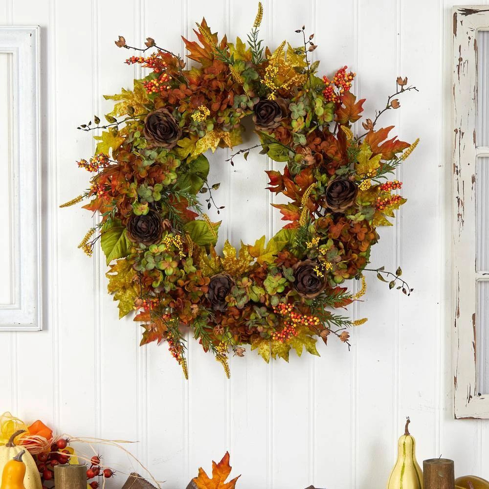 32 In. Orange Fall Hydrangea, Ranunculus And Maple Leaf Autumn Artificial Wreath 6 32 In. Orange Fall Hydrangea, Ranunculus And Maple Leaf Autumn Artificial Wreath - Image 4