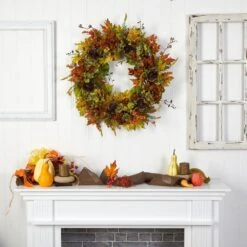 32 In. Orange Fall Hydrangea, Ranunculus And Maple Leaf Autumn Artificial Wreath 8 32 In. Orange Fall Hydrangea, Ranunculus And Maple Leaf Autumn Artificial Wreath -Holiday Glow Store nearly natural indoor fall decorations w1239 4f 1000