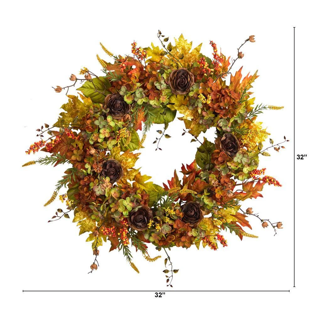 32 In. Orange Fall Hydrangea, Ranunculus And Maple Leaf Autumn Artificial Wreath 4 32 In. Orange Fall Hydrangea, Ranunculus And Maple Leaf Autumn Artificial Wreath - Image 2