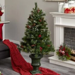 4 Ft. Artificial Christmas Tree With Berries, Pine Cones, LED Lights And Decorative Urn -Holiday Glow Store nearly natural pre lit christmas trees 5371 1f 1000