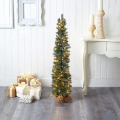 4 Ft. Green Pre-lit Pine Artificial Christmas Tree With 70 Warm White Lights Set In A Burlap Base -Holiday Glow Store nearly natural pre lit christmas trees t1426 31 1000