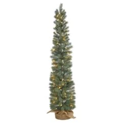 4 Ft. Green Pre-lit Pine Artificial Christmas Tree With 70 Warm White Lights Set In A Burlap Base