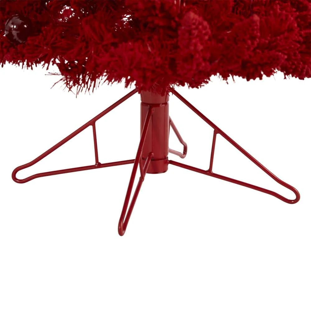4 Ft. Red Pre-lit Flocked Fraser Fir Artificial Christmas Tree With 100 Red Lights, 14 Globe Bulbs 6 4 Ft. Red Pre-lit Flocked Fraser Fir Artificial Christmas Tree With 100 Red Lights, 14 Globe Bulbs - Image 4