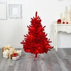 4 Ft. Red Pre-lit Flocked Fraser Fir Artificial Christmas Tree With 100 Red Lights, 14 Globe Bulbs 11 4 Ft. Red Pre-lit Flocked Fraser Fir Artificial Christmas Tree With 100 Red Lights, 14 Globe Bulbs -Holiday Glow Store nearly natural pre lit christmas trees t1459 44 1000