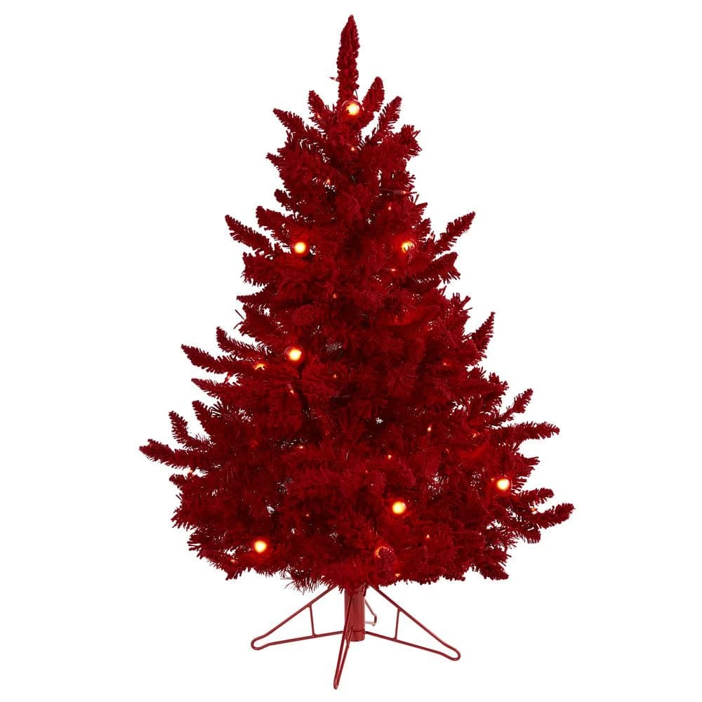 4 Ft. Red Pre-lit Flocked Fraser Fir Artificial Christmas Tree With 100 Red Lights, 14 Globe Bulbs 3 4 Ft. Red Pre-lit Flocked Fraser Fir Artificial Christmas Tree With 100 Red Lights, 14 Globe Bulbs