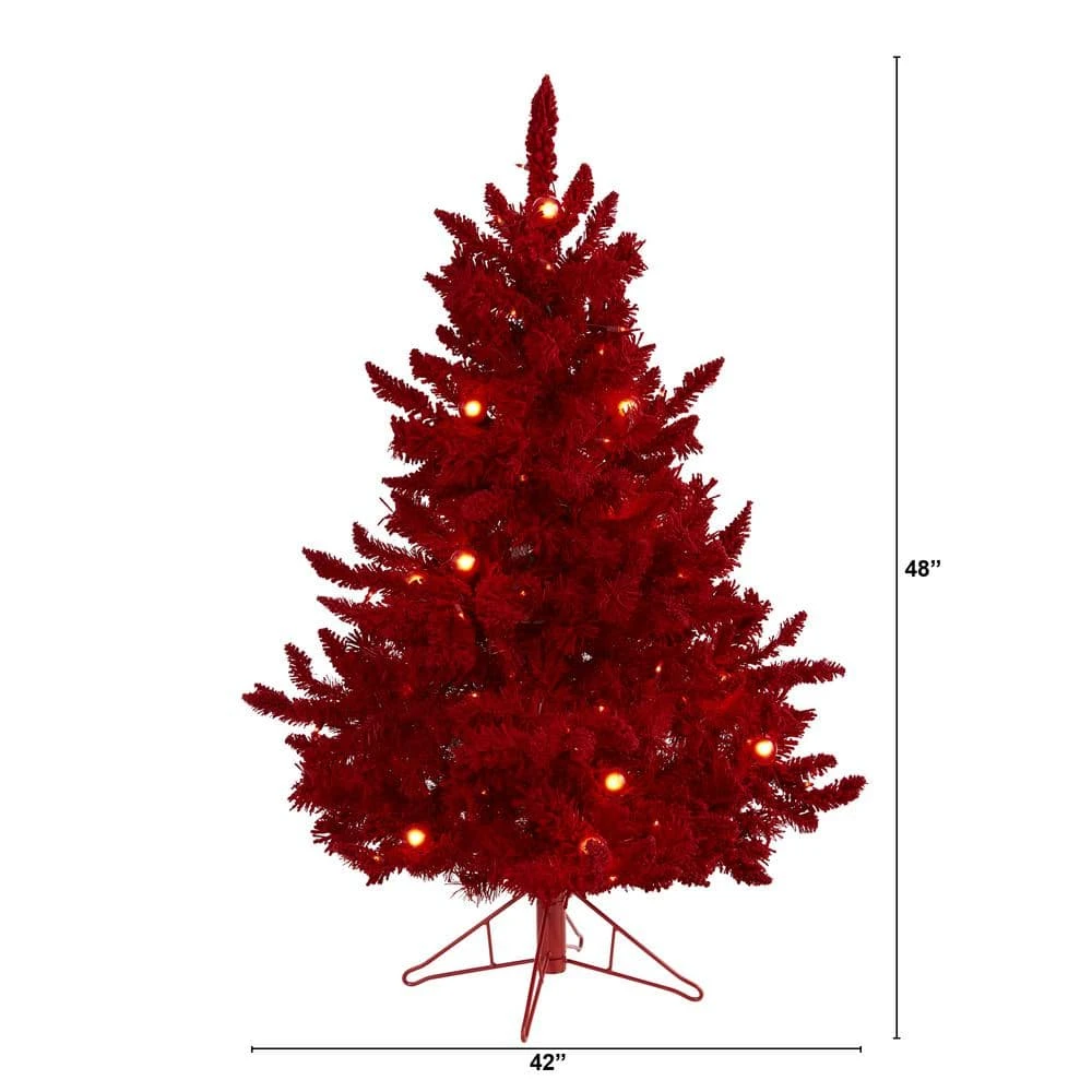 4 Ft. Red Pre-lit Flocked Fraser Fir Artificial Christmas Tree With 100 Red Lights, 14 Globe Bulbs 4 4 Ft. Red Pre-lit Flocked Fraser Fir Artificial Christmas Tree With 100 Red Lights, 14 Globe Bulbs - Image 2