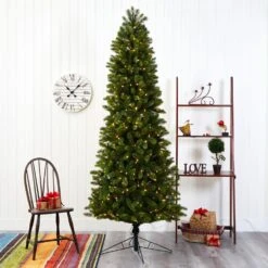 8 Ft. Pre-lit Slim Virginia Spruce Artificial Christmas Tree With 600 Warm White Multifunction LED Lights -Holiday Glow Store nearly natural pre lit christmas trees t1492 31 1000