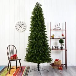 8 Ft. Pre-lit Slim Virginia Spruce Artificial Christmas Tree With 600 Warm White Multifunction LED Lights -Holiday Glow Store nearly natural pre lit christmas trees t1492 76 1000