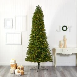 9 Ft. Pre-lit Slim Virginia Spruce Artificial Christmas Tree With 750 Warm White Multi-Function LED Lights -Holiday Glow Store nearly natural pre lit christmas trees t1493 31 1000