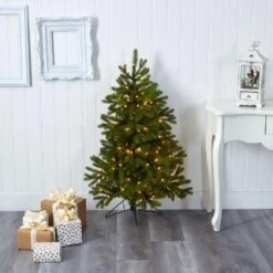 4 Ft. Pre-Lit Cambridge Spruce Flat Back Artificial Christmas Tree With 100 Warm White Multi-Function LED Lights -Holiday Glow Store nearly natural pre lit christmas trees t1565 31 1000