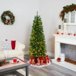 6 Ft. Pre-Lit Slim Green Mountain Pine Artificial Christmas Tree With 250 Clear LED Lights -Holiday Glow Store nearly natural pre lit christmas trees t1600 44 1000