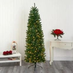 6.5 Ft. Pre-Lit Slim Green Mountain Pine Artificial Christmas Tree With 300 Clear LED Lights -Holiday Glow Store nearly natural pre lit christmas trees t1601 31 1000
