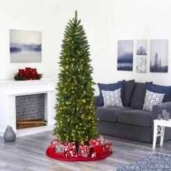 6.5 Ft. Pre-Lit Slim Green Mountain Pine Artificial Christmas Tree With 300 Clear LED Lights -Holiday Glow Store nearly natural pre lit christmas trees t1601 fa 1000