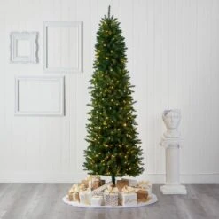 8 Ft. Pre-Lit Slim Green Mountain Pine Artificial Christmas Tree With 400 Clear LED Lights -Holiday Glow Store nearly natural pre lit christmas trees t1604 31 1000