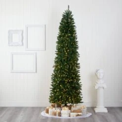 9 Ft. Pre-Lit Slim Green Mountain Pine Artificial Christmas Tree With 600 Clear LED Lights -Holiday Glow Store nearly natural pre lit christmas trees t1605 31 1000