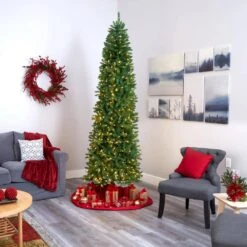 9 Ft. Pre-Lit Slim Green Mountain Pine Artificial Christmas Tree With 600 Clear LED Lights -Holiday Glow Store nearly natural pre lit christmas trees t1605 44 1000