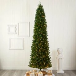 10 Ft. Pre-Lit Slim Green Mountain Pine Artificial Christmas Tree With 800 Clear LED Lights -Holiday Glow Store nearly natural pre lit christmas trees t1606 31 1000