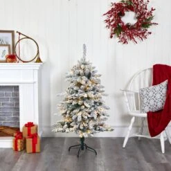 4 Ft. Pre-Lit Flocked Livingston Fir Artificial Christmas Tree With Pine Cones And 150 Clear Warm LED Lights -Holiday Glow Store nearly natural pre lit christmas trees t1609 31 1000