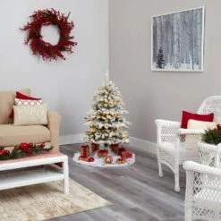 4 Ft. Pre-Lit Flocked Livingston Fir Artificial Christmas Tree With Pine Cones And 150 Clear Warm LED Lights -Holiday Glow Store nearly natural pre lit christmas trees t1609 44 1000