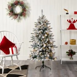 5 Ft. Pre-Lit Flocked Livingston Fir Artificial Christmas Tree With Pine Cones And 200 Clear Warm LED Lights -Holiday Glow Store nearly natural pre lit christmas trees t1610 31 1000