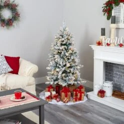 5 Ft. Pre-Lit Flocked Livingston Fir Artificial Christmas Tree With Pine Cones And 200 Clear Warm LED Lights -Holiday Glow Store nearly natural pre lit christmas trees t1610 44 1000