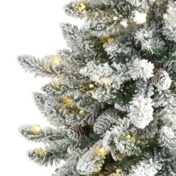 5 Ft. Pre-Lit Flocked Livingston Fir Artificial Christmas Tree With Pine Cones And 200 Clear Warm LED Lights -Holiday Glow Store nearly natural pre lit christmas trees t1610 4f 1000