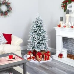 5 Ft. Pre-Lit Flocked Livingston Fir Artificial Christmas Tree With Pine Cones And 200 Clear Warm LED Lights -Holiday Glow Store nearly natural pre lit christmas trees t1610 fa 1000