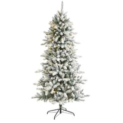 6 Ft. Pre-Lit Flocked Livingston Fir Artificial Christmas Tree With Pine Cones And 300 Clear Warm LED Lights