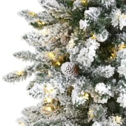 6.5 Ft. Pre-Lit Flocked Livingston Fir Artificial Christmas Tree With Pine Cones And 300 Clear Warm LED Lights -Holiday Glow Store nearly natural pre lit christmas trees t1612 4f 1000