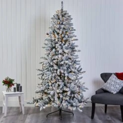 7.5 Ft. Pre-Lit Flocked Livingston Fir Artificial Christmas Tree With Pine Cones And 500 Clear Warm LED Lights -Holiday Glow Store nearly natural pre lit christmas trees t1613 76 1000