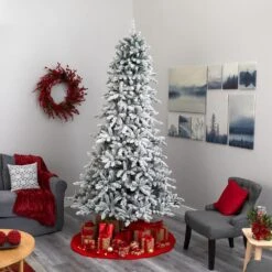 9 Ft. Pre-Lit Flocked Livingston Fir Artificial Christmas Tree With Pine Cones And 650 Clear Warm LED Lights -Holiday Glow Store nearly natural pre lit christmas trees t1614 fa 1000