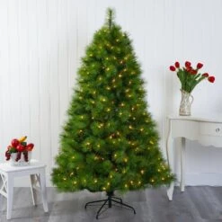 6 Ft. Green Pre-Lit Scotch Pine Artificial Christmas Tree With 300 Clear LED Lights -Holiday Glow Store nearly natural pre lit christmas trees t1615 31 1000
