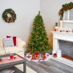 6 Ft. Pre-Lit Montana Mixed Pine Artificial Christmas Tree With Pine Cones, Berries And 350 Clear LED Lights -Holiday Glow Store nearly natural pre lit christmas trees t1622 44 1000