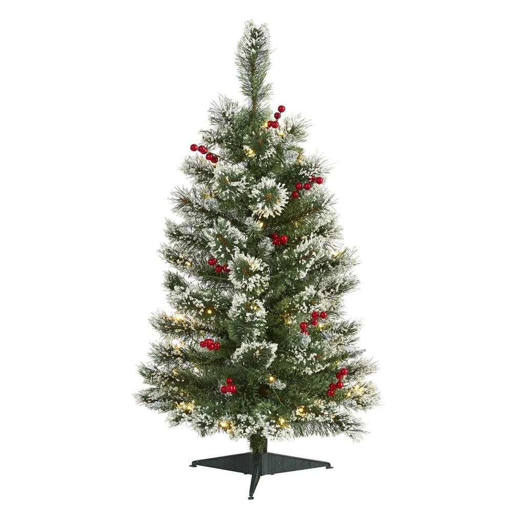 3 Ft. Pre-lit Frosted Swiss Pine Artificial Christmas Tree With 50 Battery Operated Clear LED Lights And Berries 3 3 Ft. Pre-lit Frosted Swiss Pine Artificial Christmas Tree With 50 Battery Operated Clear LED Lights And Berries