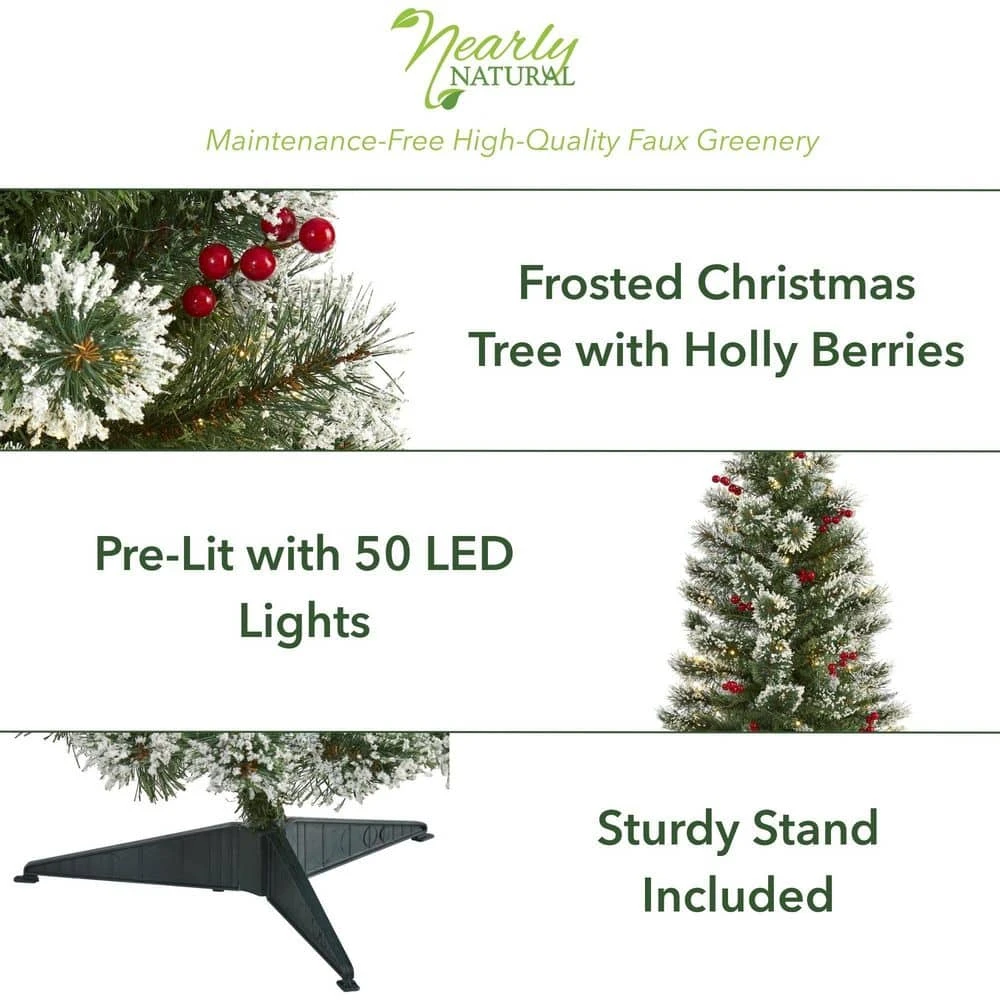 3 Ft. Pre-lit Frosted Swiss Pine Artificial Christmas Tree With 50 Battery Operated Clear LED Lights And Berries 4 3 Ft. Pre-lit Frosted Swiss Pine Artificial Christmas Tree With 50 Battery Operated Clear LED Lights And Berries - Image 2