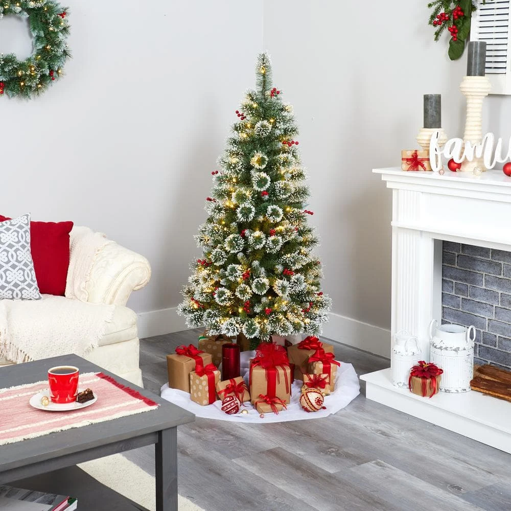 5 Ft. Pre-Lit Frosted Swiss Pine Artificial Christmas Tree With 200 Clear LED Lights And Berries 7 5 Ft. Pre-Lit Frosted Swiss Pine Artificial Christmas Tree With 200 Clear LED Lights And Berries - Image 5