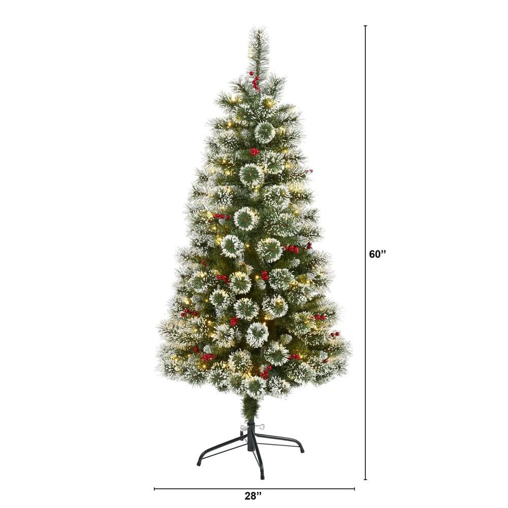 5 Ft. Pre-Lit Frosted Swiss Pine Artificial Christmas Tree With 200 Clear LED Lights And Berries 4 5 Ft. Pre-Lit Frosted Swiss Pine Artificial Christmas Tree With 200 Clear LED Lights And Berries - Image 2