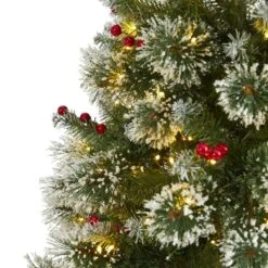 7 Ft. Pre-Lit Frosted Swiss Pine Artificial Christmas Tree With 400 Clear LED Lights And Berries -Holiday Glow Store nearly natural pre lit christmas trees t1629 4f 1000