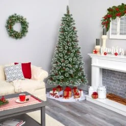 7 Ft. Pre-Lit Frosted Swiss Pine Artificial Christmas Tree With 400 Clear LED Lights And Berries -Holiday Glow Store nearly natural pre lit christmas trees t1629 fa 1000