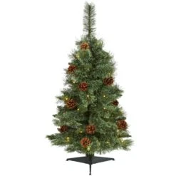 3 Ft. White Pre-lit Mountain Pine Artificial Christmas Tree With 50 Battery Operated Clear LED Lights And Pine Cones
