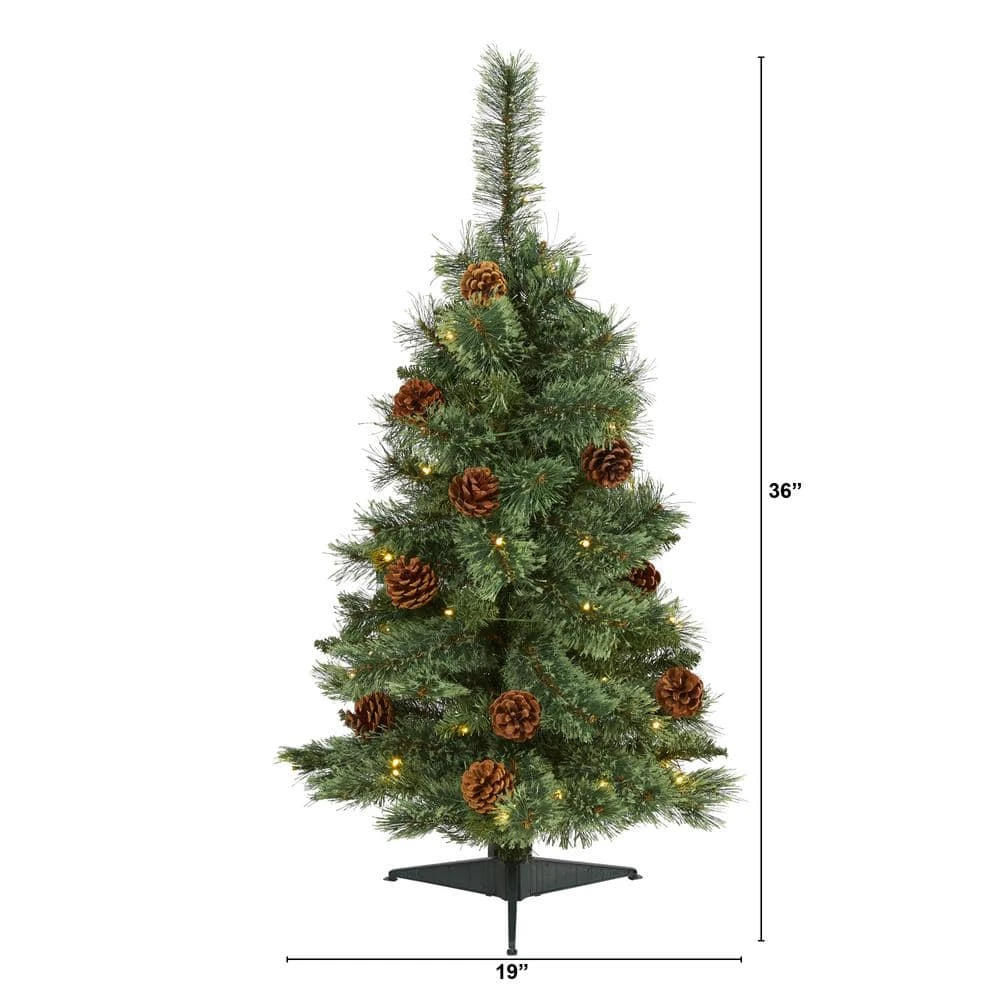 3 Ft. White Pre-lit Mountain Pine Artificial Christmas Tree With 50 Battery Operated Clear LED Lights And Pine Cones 5 3 Ft. White Pre-lit Mountain Pine Artificial Christmas Tree With 50 Battery Operated Clear LED Lights And Pine Cones - Image 3