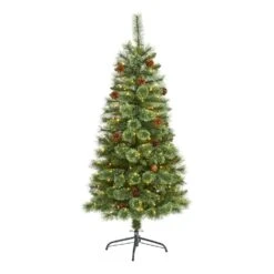 5 Ft. Pre-Lit White Mountain Pine Artificial Christmas Tree With 200 Clear LED Lights And Pine Cones