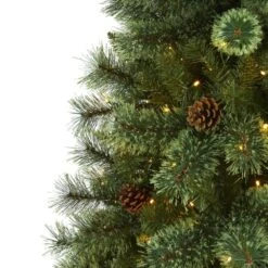 6 Ft. Pre-Lit White Mountain Pine Artificial Christmas Tree With 300 Clear LED Lights And Pine Cones -Holiday Glow Store nearly natural pre lit christmas trees t1641 4f 1000