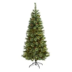6 Ft. Pre-Lit White Mountain Pine Artificial Christmas Tree With 300 Clear LED Lights And Pine Cones