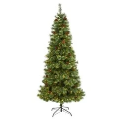 7 Ft. Pre-Lit White Mountain Pine Artificial Christmas Tree With 400 Clear LED Lights And Pine Cones