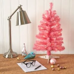 2 Ft. Pre-Lit Pink Artificial Christmas Tree With 35 Battery Operated Clear LED Lights -Holiday Glow Store nearly natural pre lit christmas trees t1697 31 1000