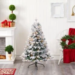 4 Ft. Pre-Lit Flocked Vermont Mixed Pine Artificial Christmas Tree With 100 Clear LED Lights 15 4 Ft. Pre-Lit Flocked Vermont Mixed Pine Artificial Christmas Tree With 100 Clear LED Lights -Holiday Glow Store nearly natural pre lit christmas trees t1771 31 1000