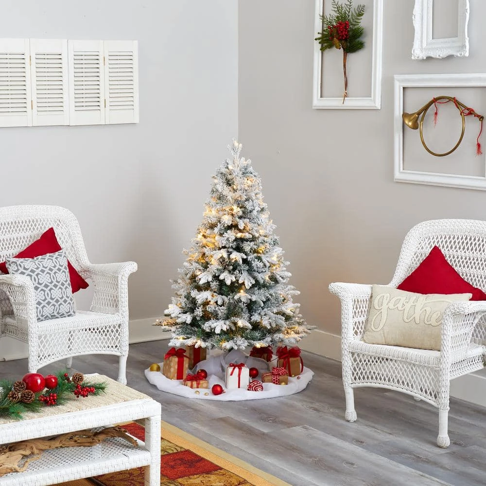 4 Ft. Pre-Lit Flocked Vermont Mixed Pine Artificial Christmas Tree With 100 Clear LED Lights 7 4 Ft. Pre-Lit Flocked Vermont Mixed Pine Artificial Christmas Tree With 100 Clear LED Lights - Image 5