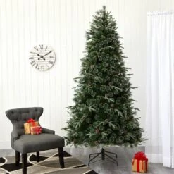 7.5 Ft. Pre-Lit Snowed Tipped Mixed Pine Artificial Christmas Tree With 600 Clear LED Lights, Pine Cones -Holiday Glow Store nearly natural pre lit christmas trees t1862 fa 1000